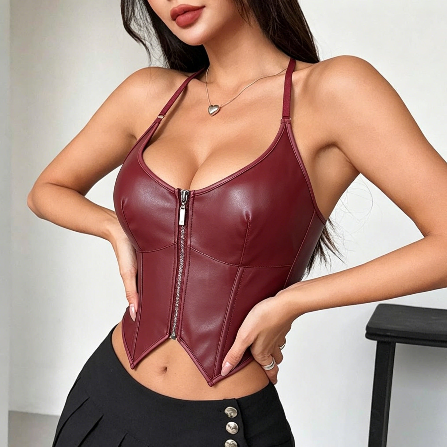 Knit Solid Leather Tops