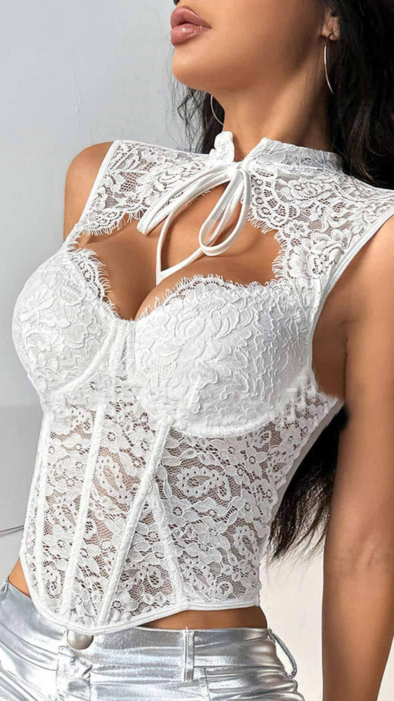 Fringe High-Neck Lace Corset Top