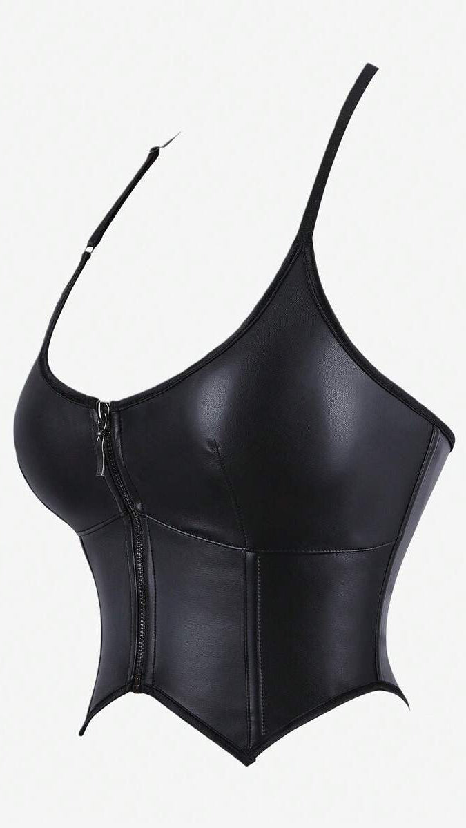 Kira Zip-Front Leather Bustier Top