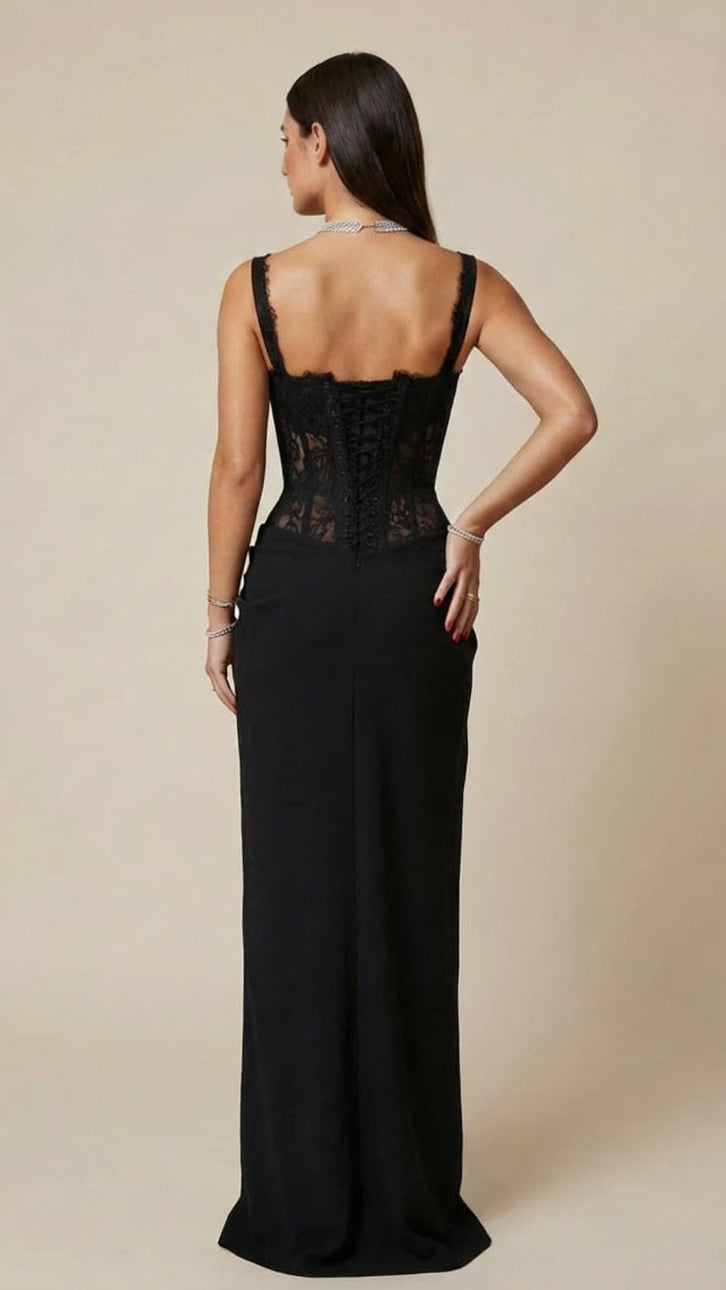 Gwyn Lace Corset Draped Maxi Dress