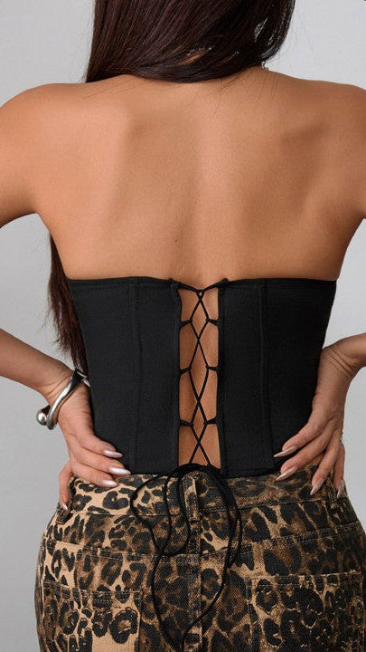 Wara Crystal-Studded Belted Bustier Top