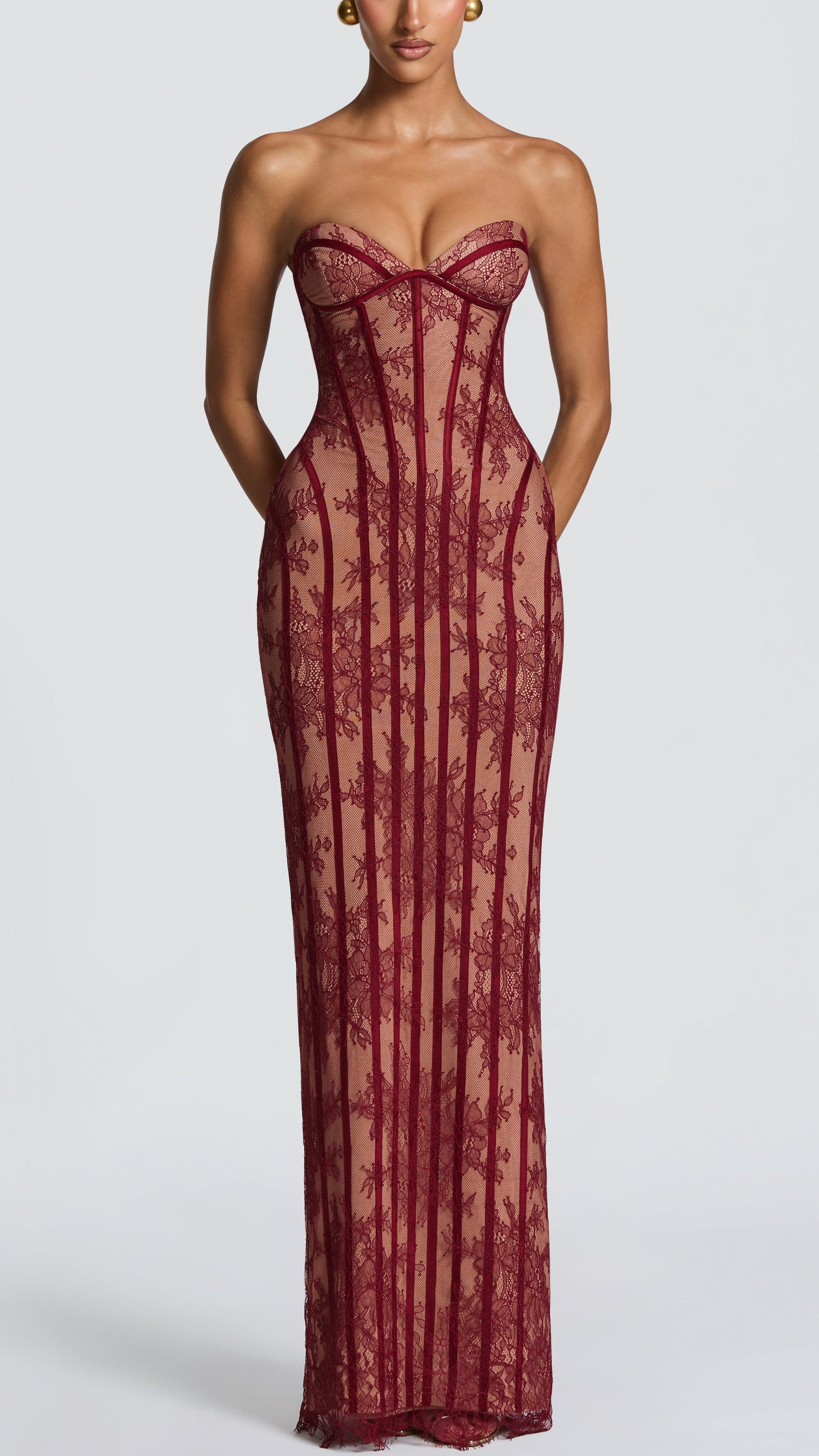 Nerina Strapless Floral Lace Corset Maxi Dress