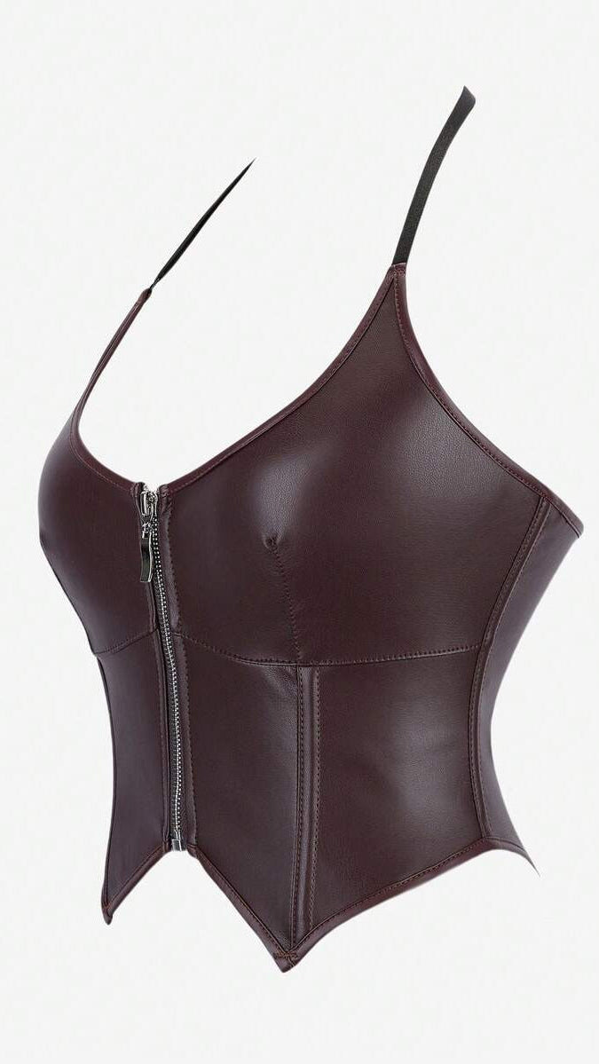 Kira Zip-Front Leather Bustier Top