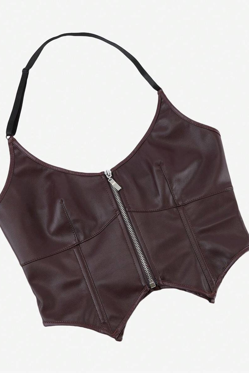 Knit Zip-Front Leather Bustier Top