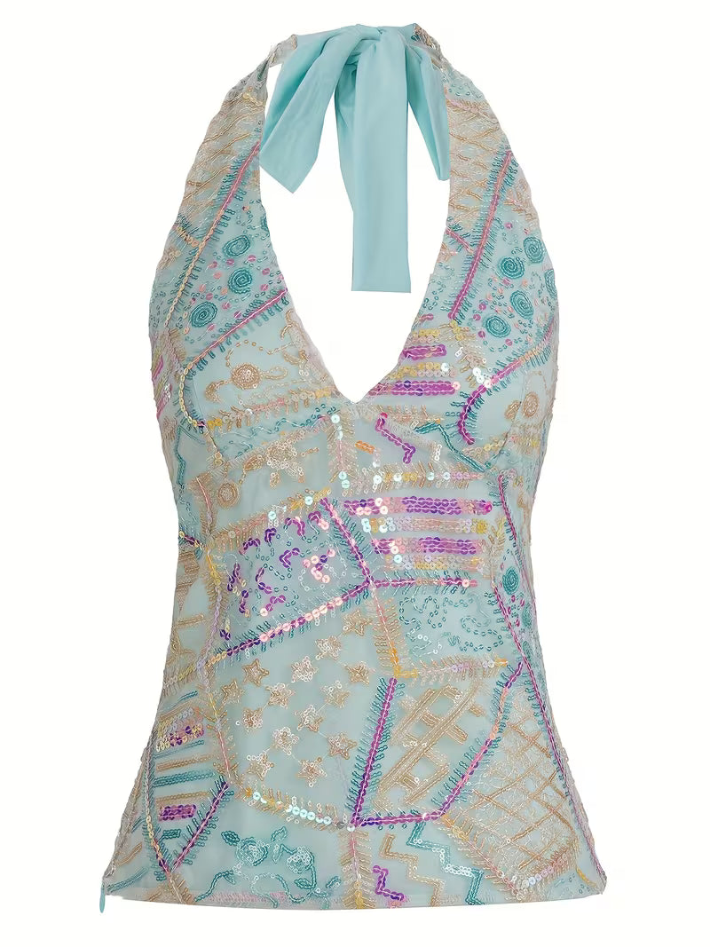 Celeste Sequin Embroidered Halter Top