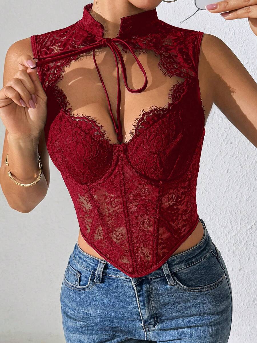Fringe Solid Lace Jacquard Corset Tops