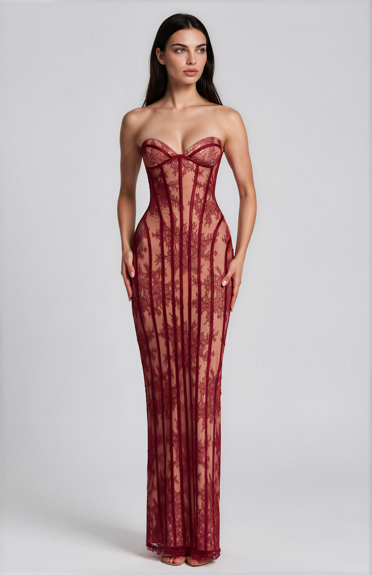 Neutral Strapless Floral Lace Corset Maxi Dress