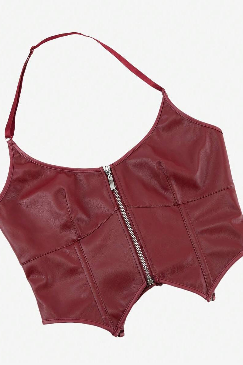 Knit Zip-Front Leather Bustier Top
