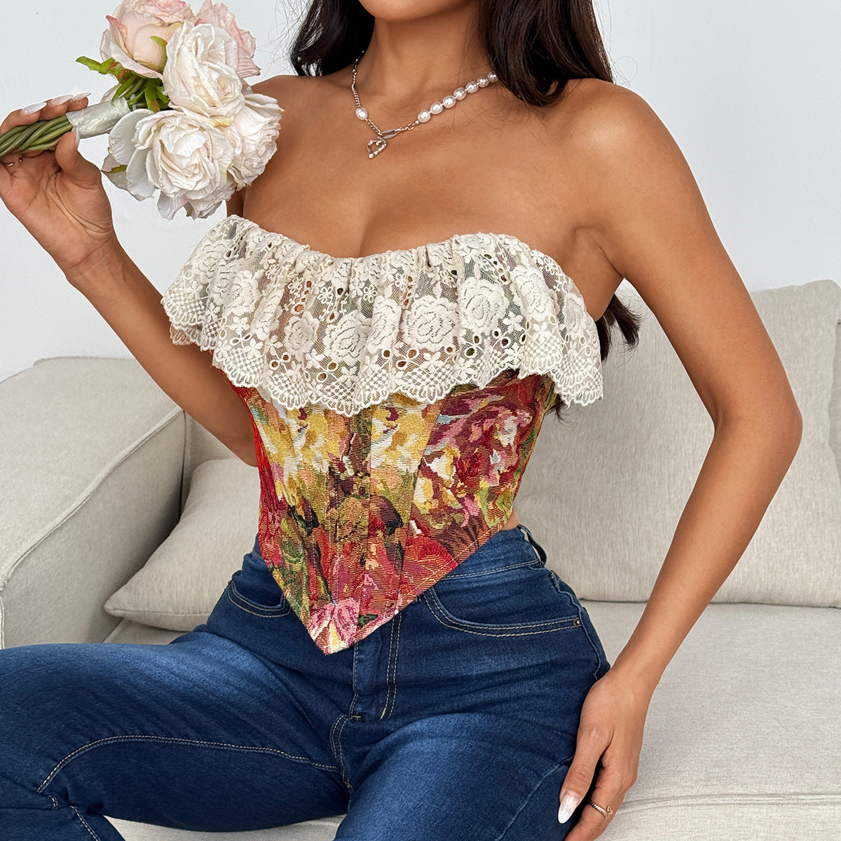 Tender Lace Floral Jacquard Corset Tops