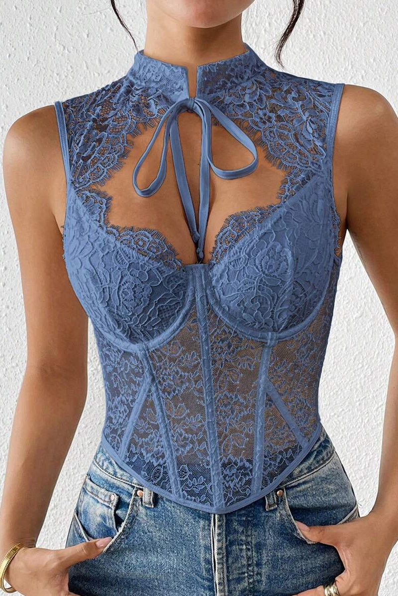 Fringe High-Neck Lace Corset Top