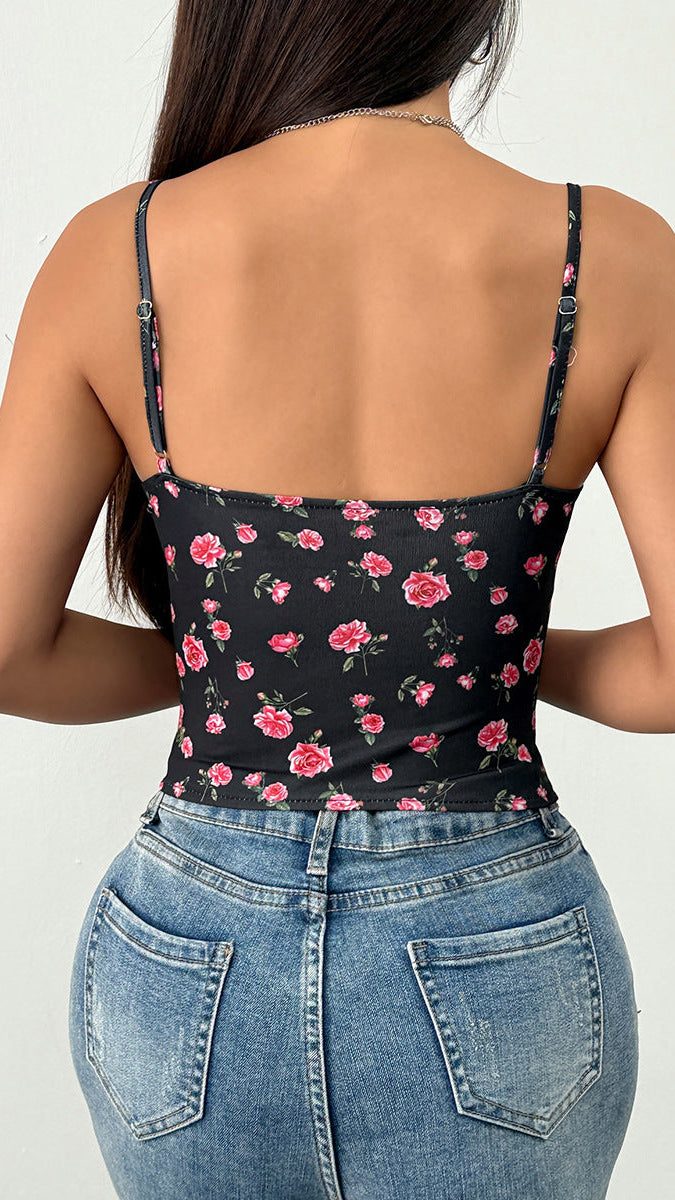 Jovia Floral Ruched Lace-Up Corset Top