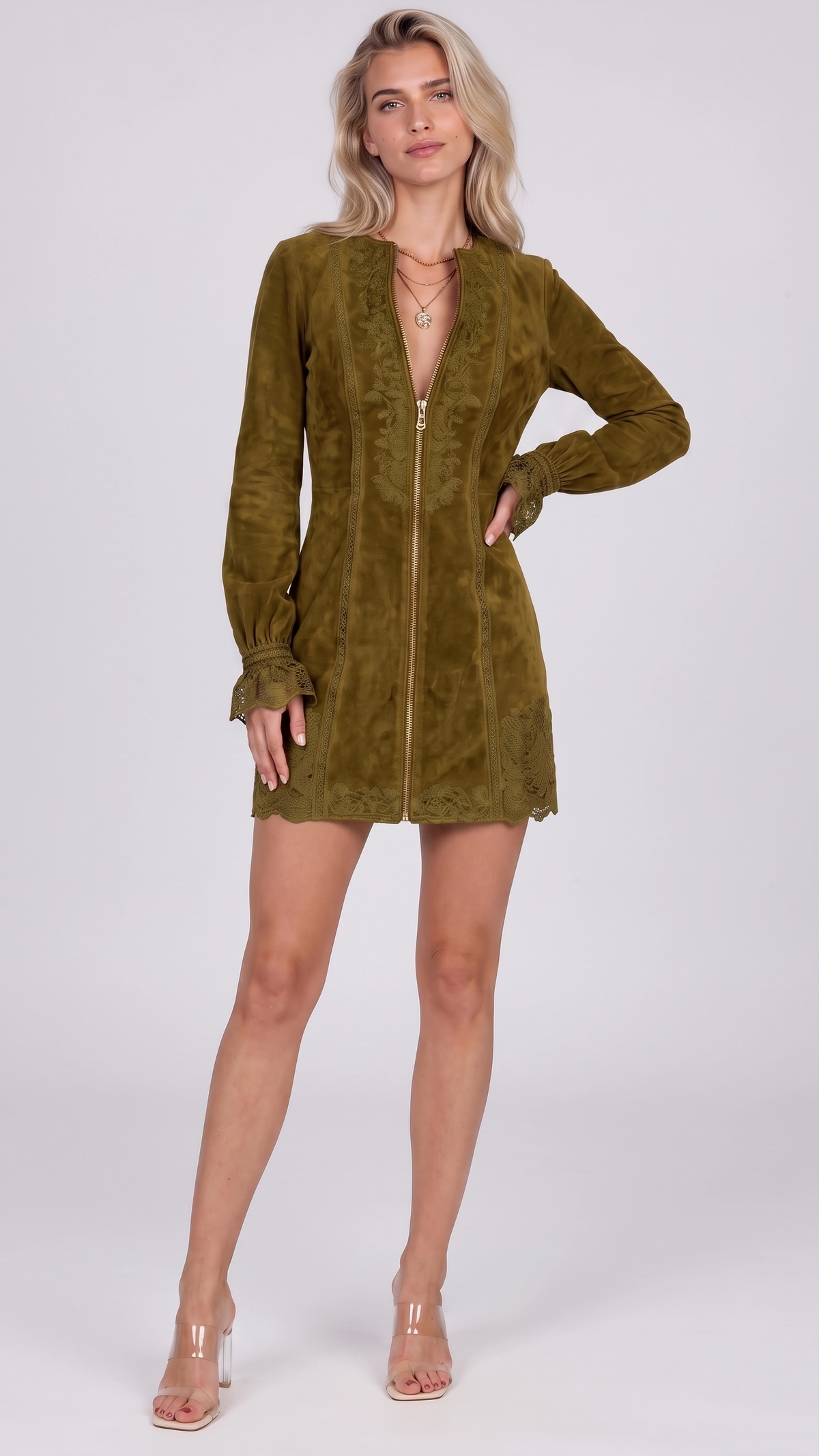Lirael Embroidered Zip-Front Denim Mini Dress