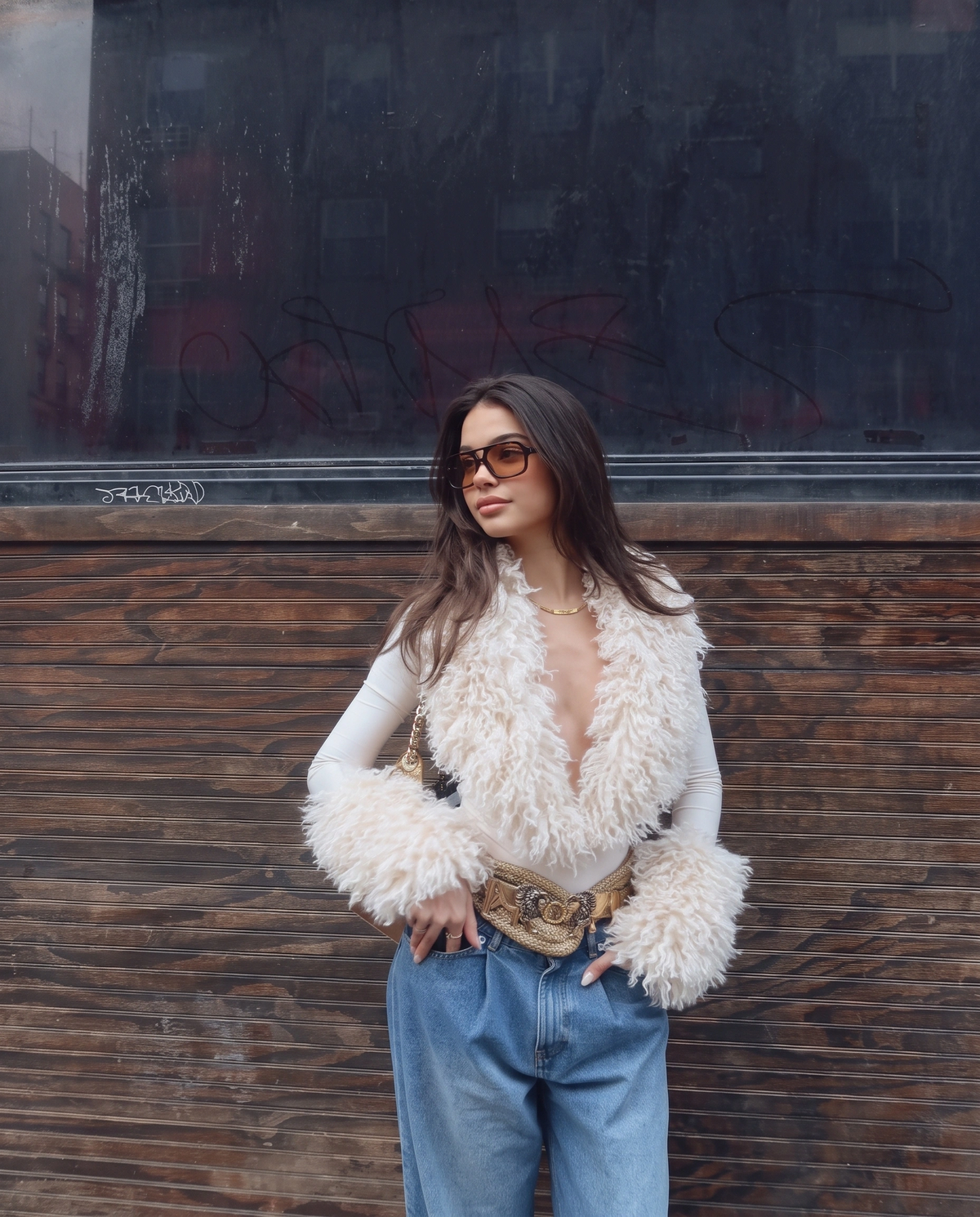 Intime Faux Fur Long Sleeve Top