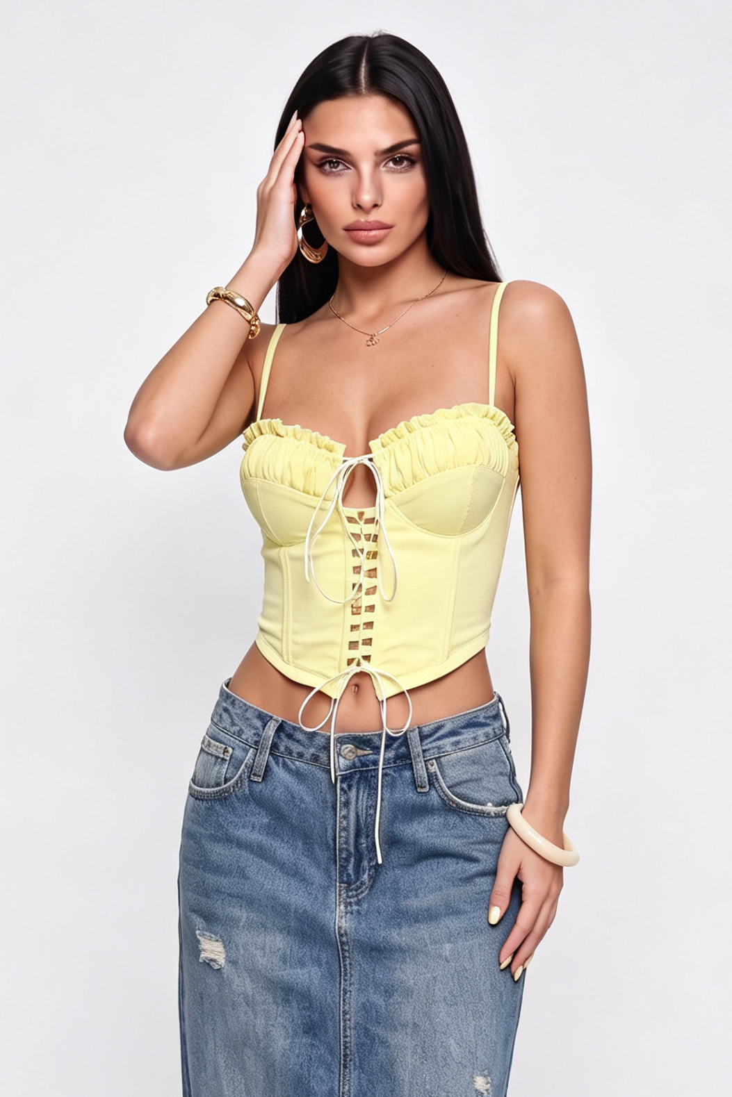 Whisper Ruched Lace-Up Corset Top