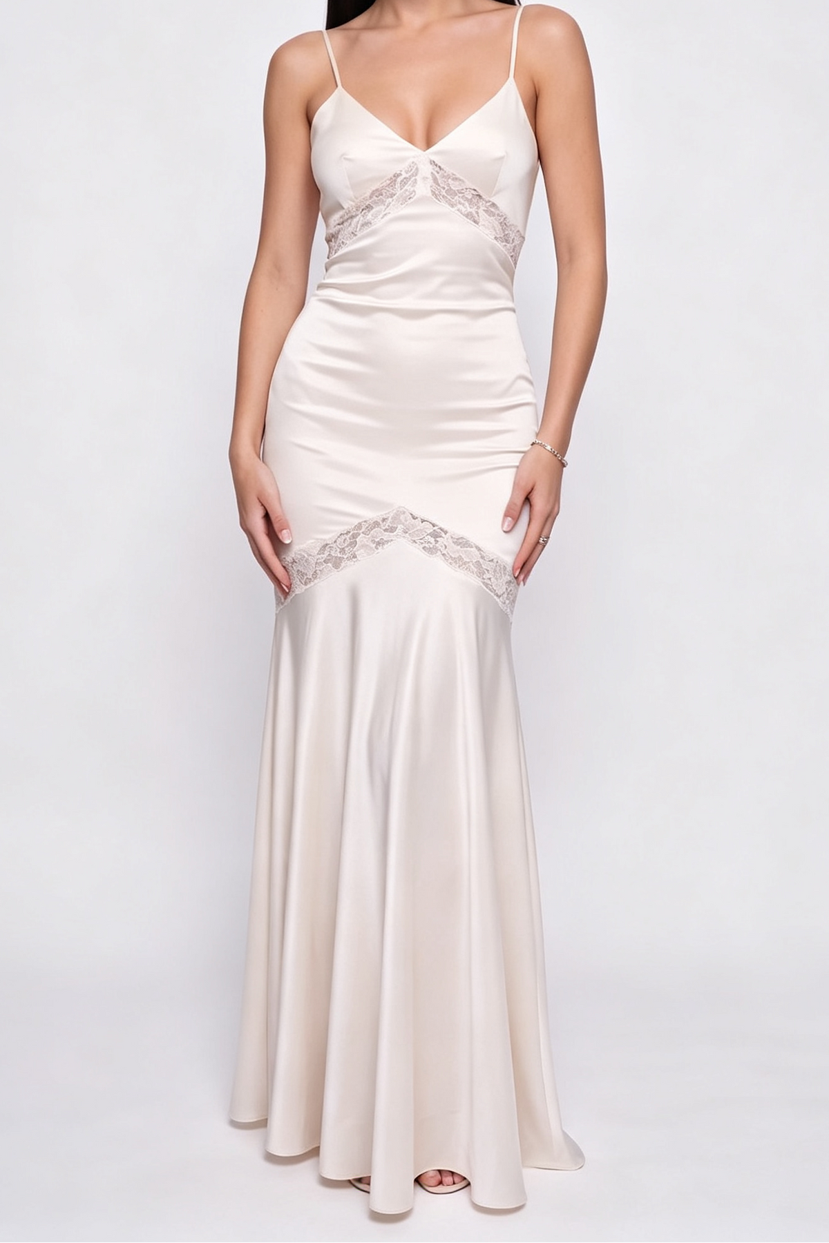 Quilt Lace-Inset Satin Maxi Dress