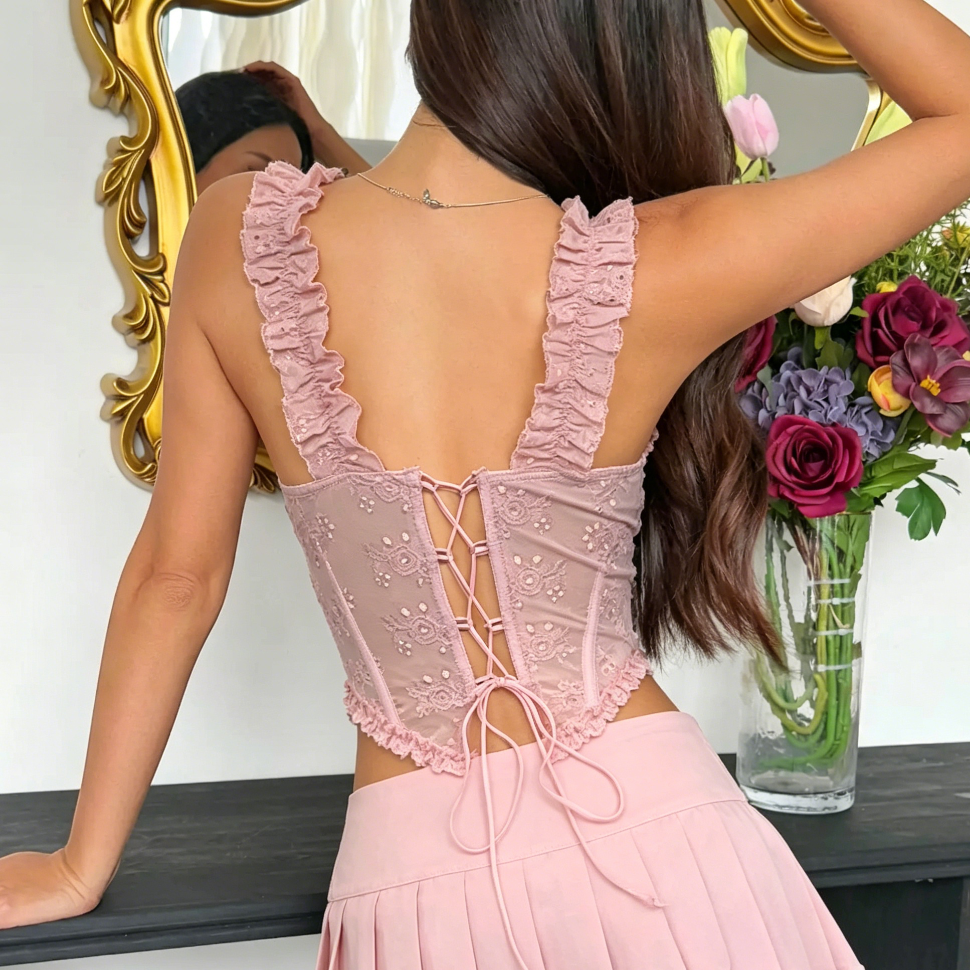 Aris Jacquard Solid Striped Corset Tops