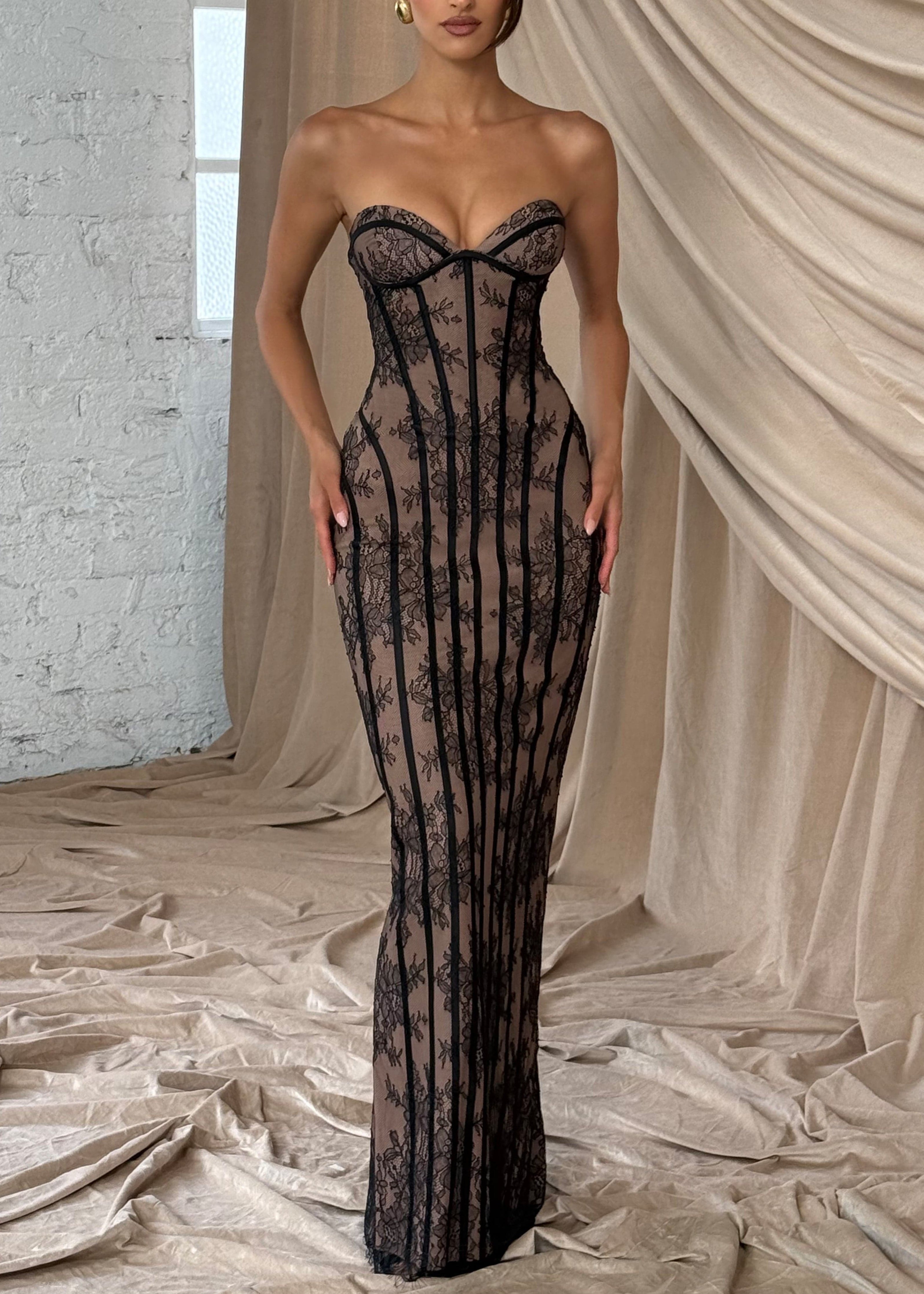 Neutral Lace Floral Corset Maxi Dresses