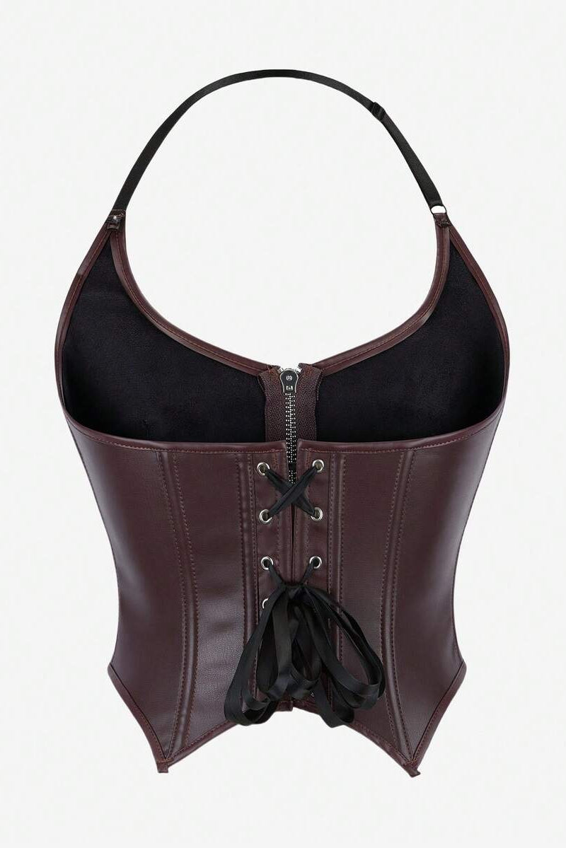 Knit Zip-Front Leather Bustier Top