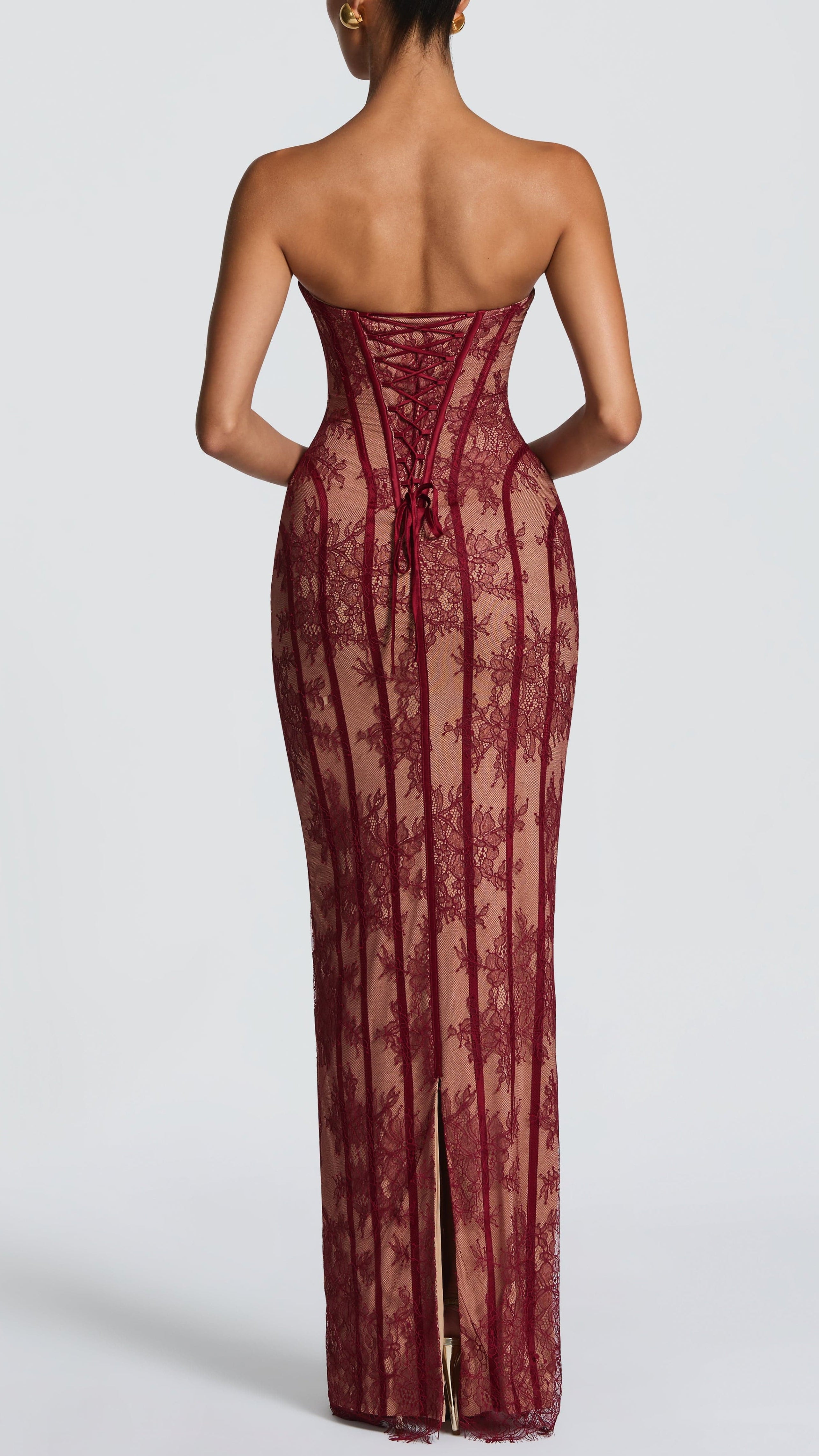 Nerina Strapless Floral Lace Corset Maxi Dress