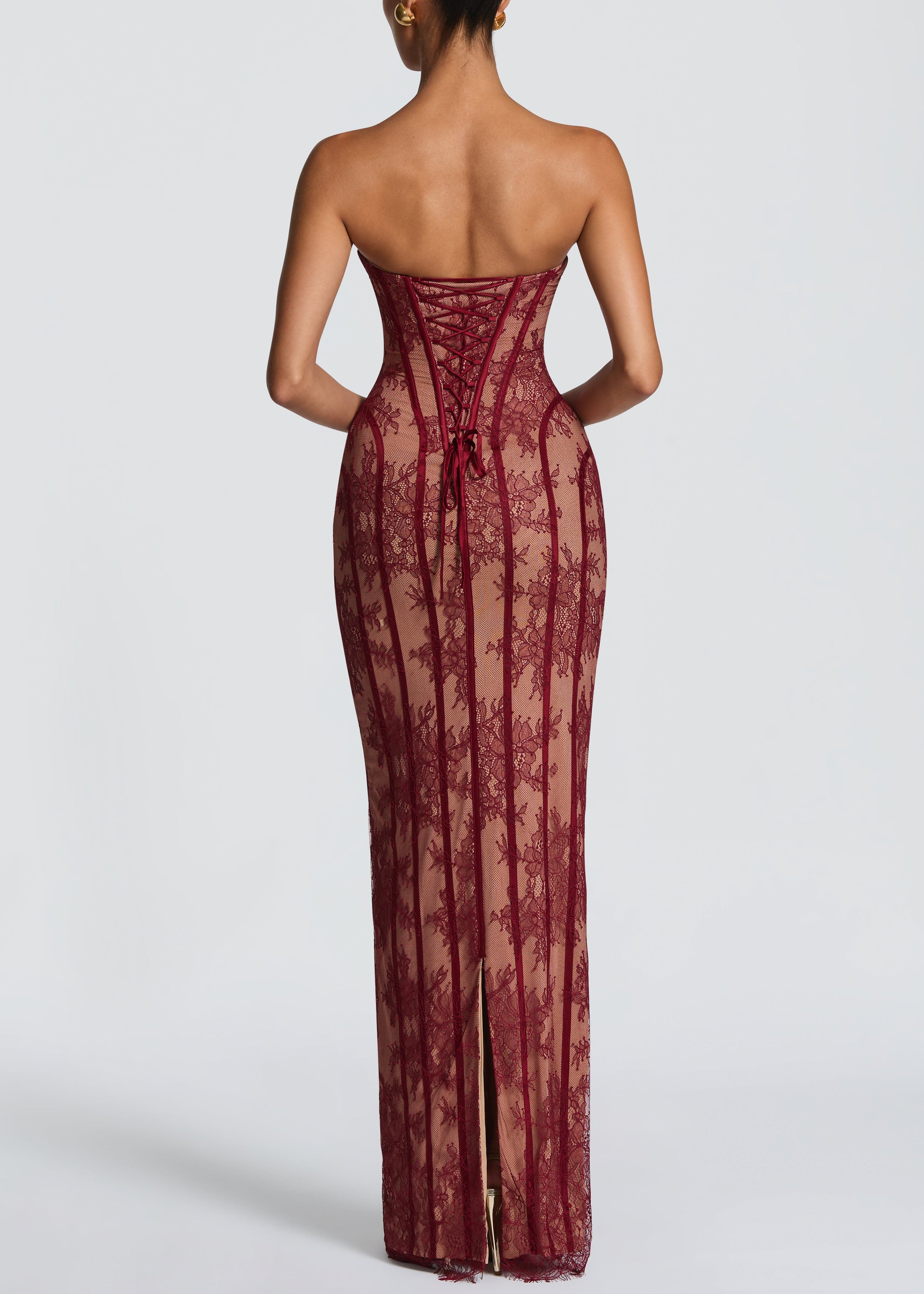 Neutral Lace Floral Corset Maxi Dresses