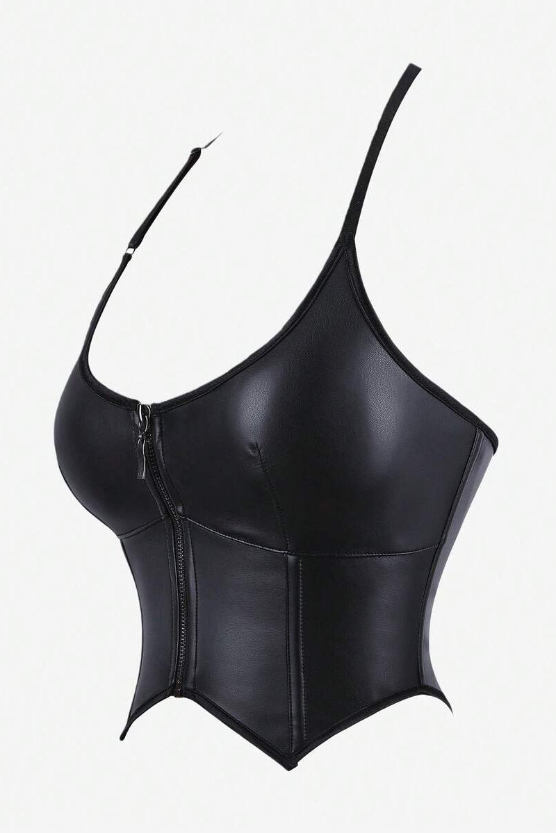 Knit Zip-Front Leather Bustier Top