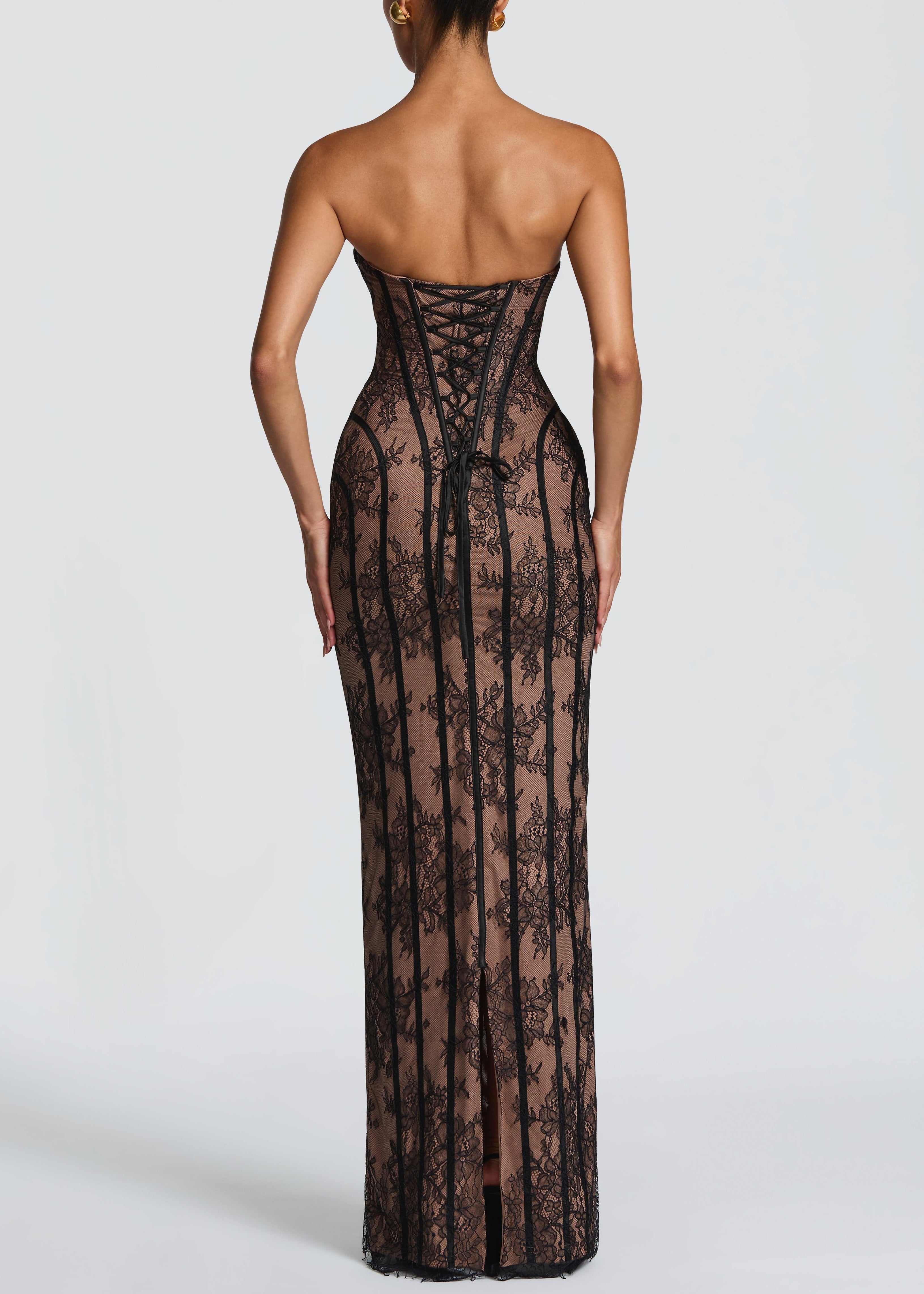 Neutral Lace Floral Corset Maxi Dresses