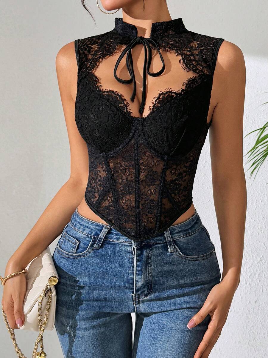 Fringe Solid Lace Jacquard Corset Tops