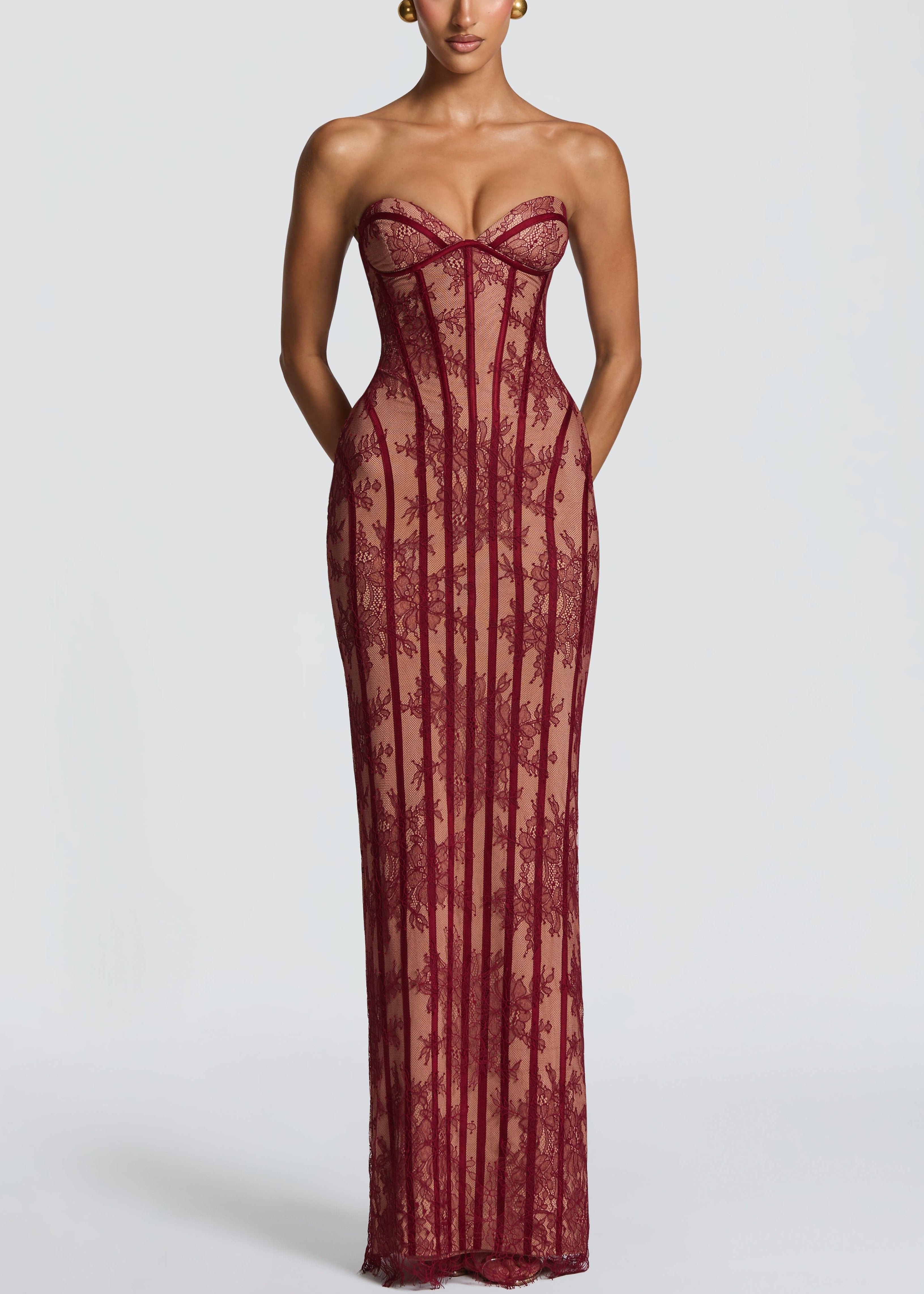 Neutral Lace Floral Corset Maxi Dresses
