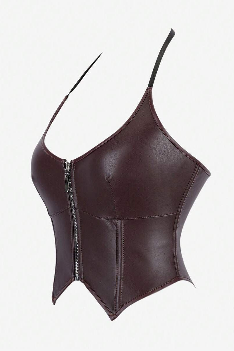Knit Zip-Front Leather Bustier Top