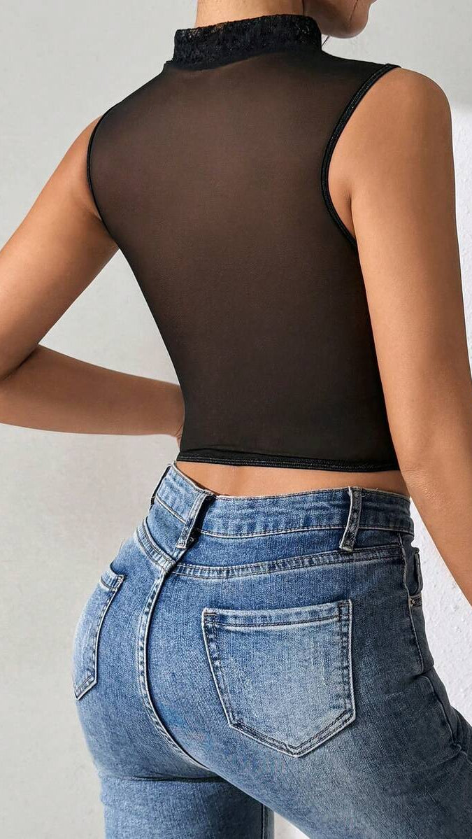 Fringe High-Neck Lace Corset Top