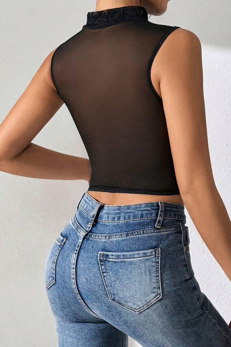Fringe High-Neck Lace Corset Top