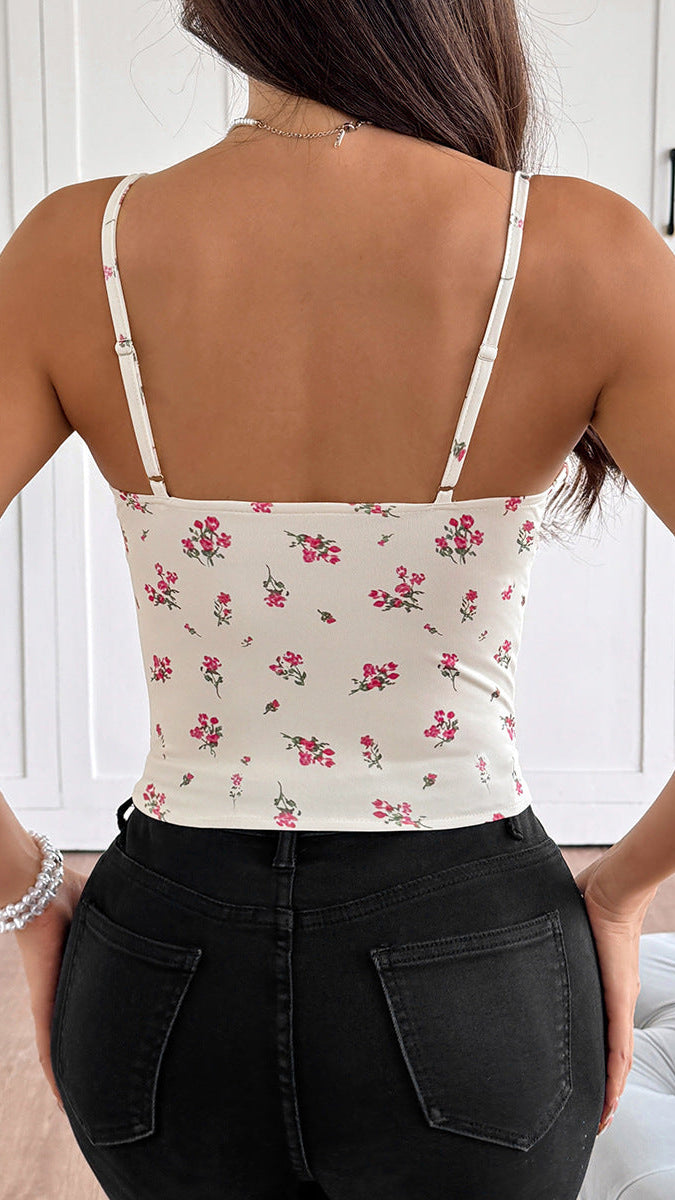 Jovia Floral Ruched Lace-Up Corset Top