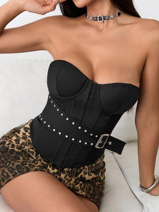 Wara Solid Sequins Embellishment Corset Tops