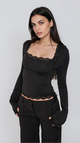 Nara Lace-Trim Square-Neck Long Sleeve Top