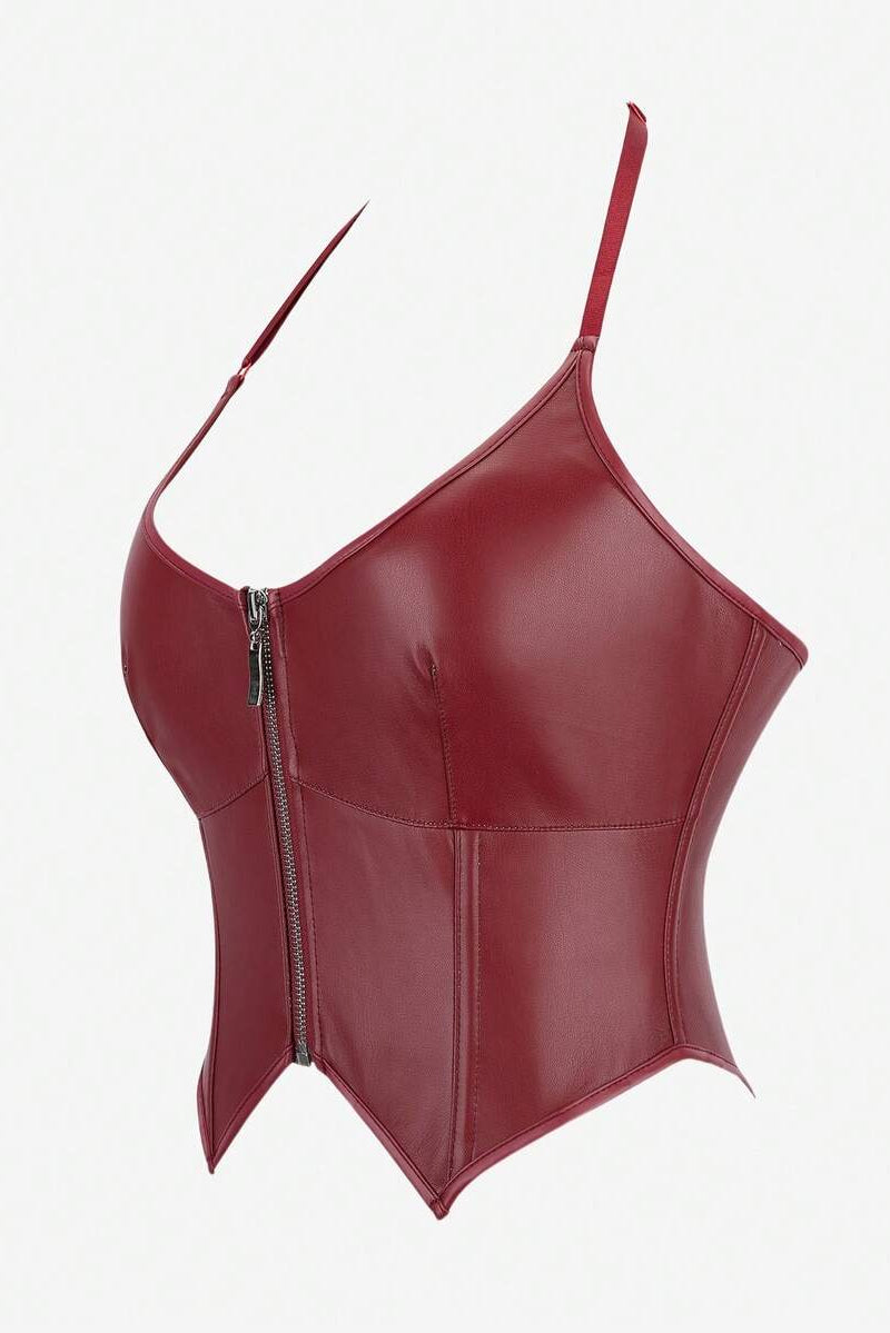 Knit Zip-Front Leather Bustier Top