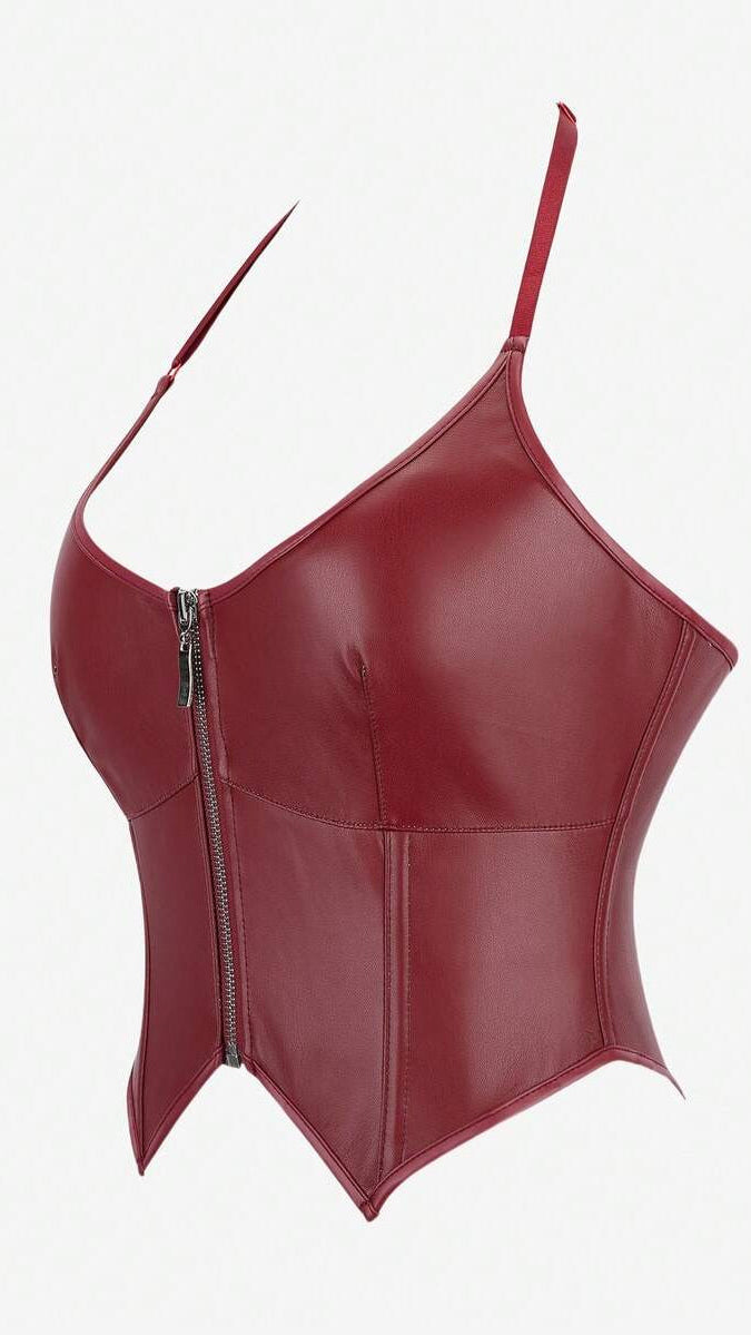 Kira Zip-Front Leather Bustier Top