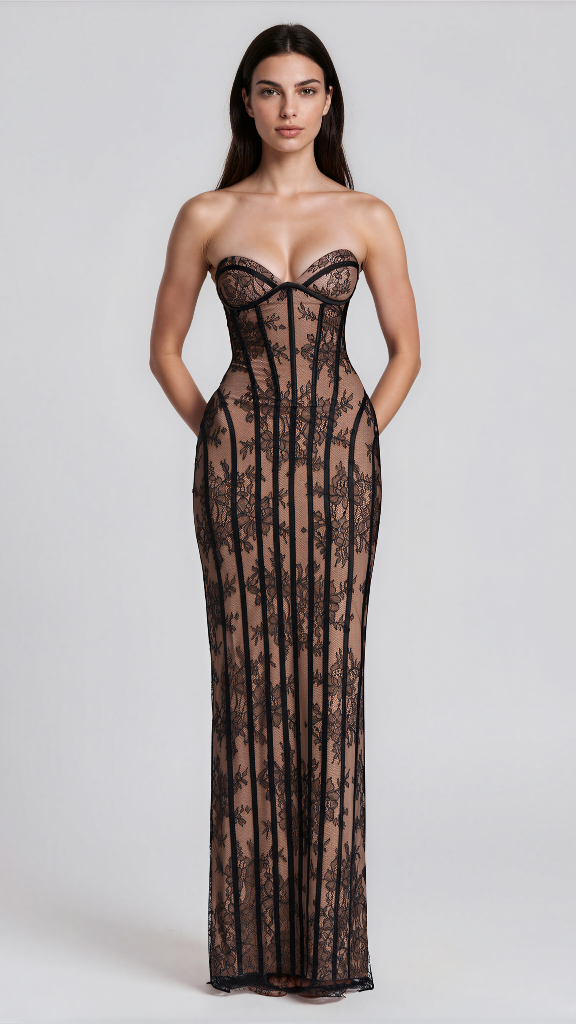 Nerina Strapless Floral Lace Corset Maxi Dress
