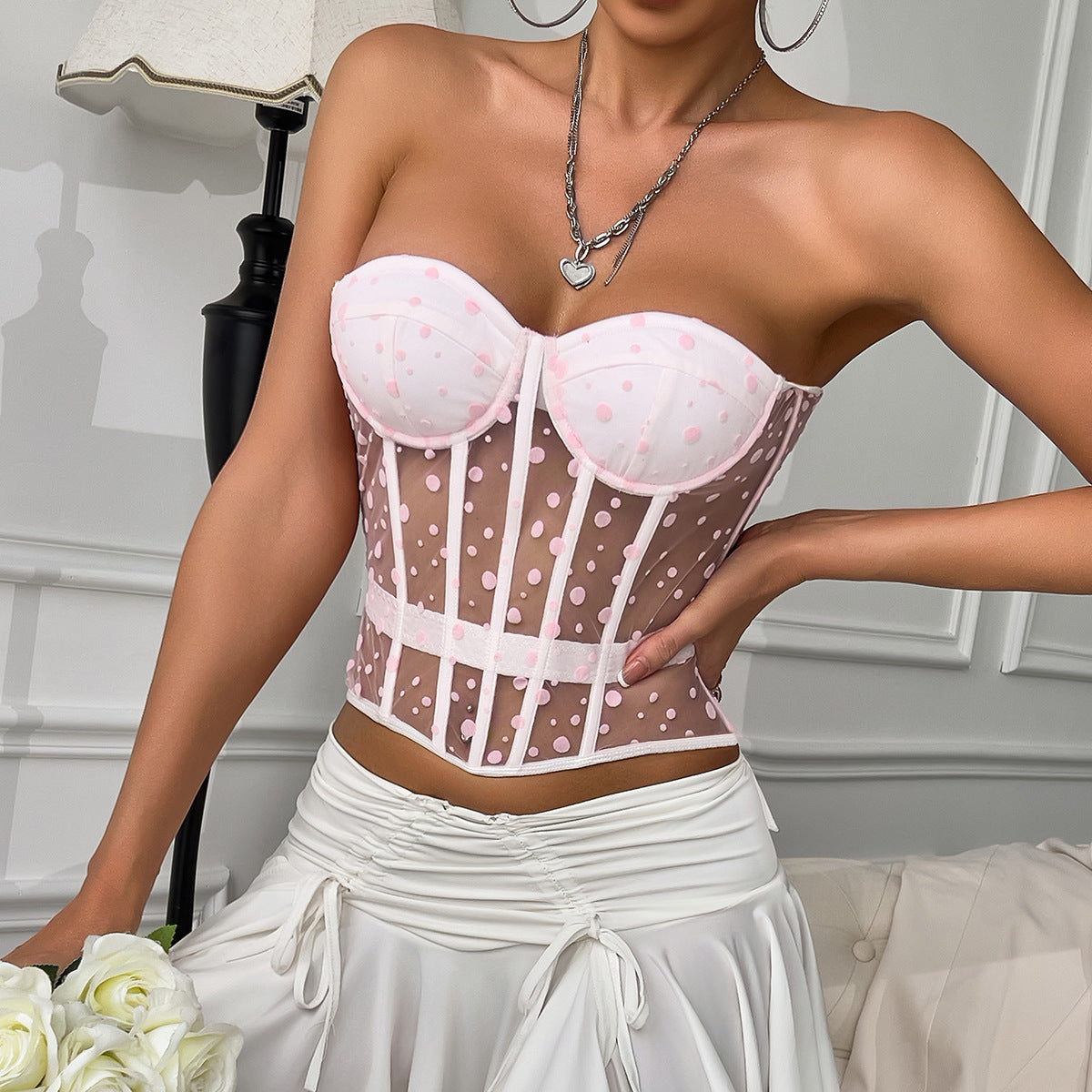 Xenia Dot Mesh Corset Tops