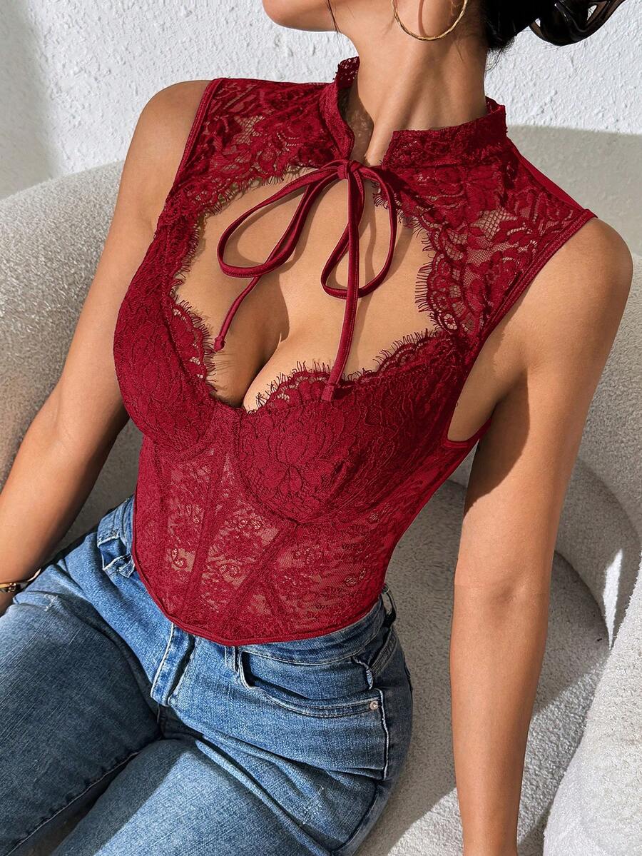 Fringe Solid Lace Jacquard Corset Tops