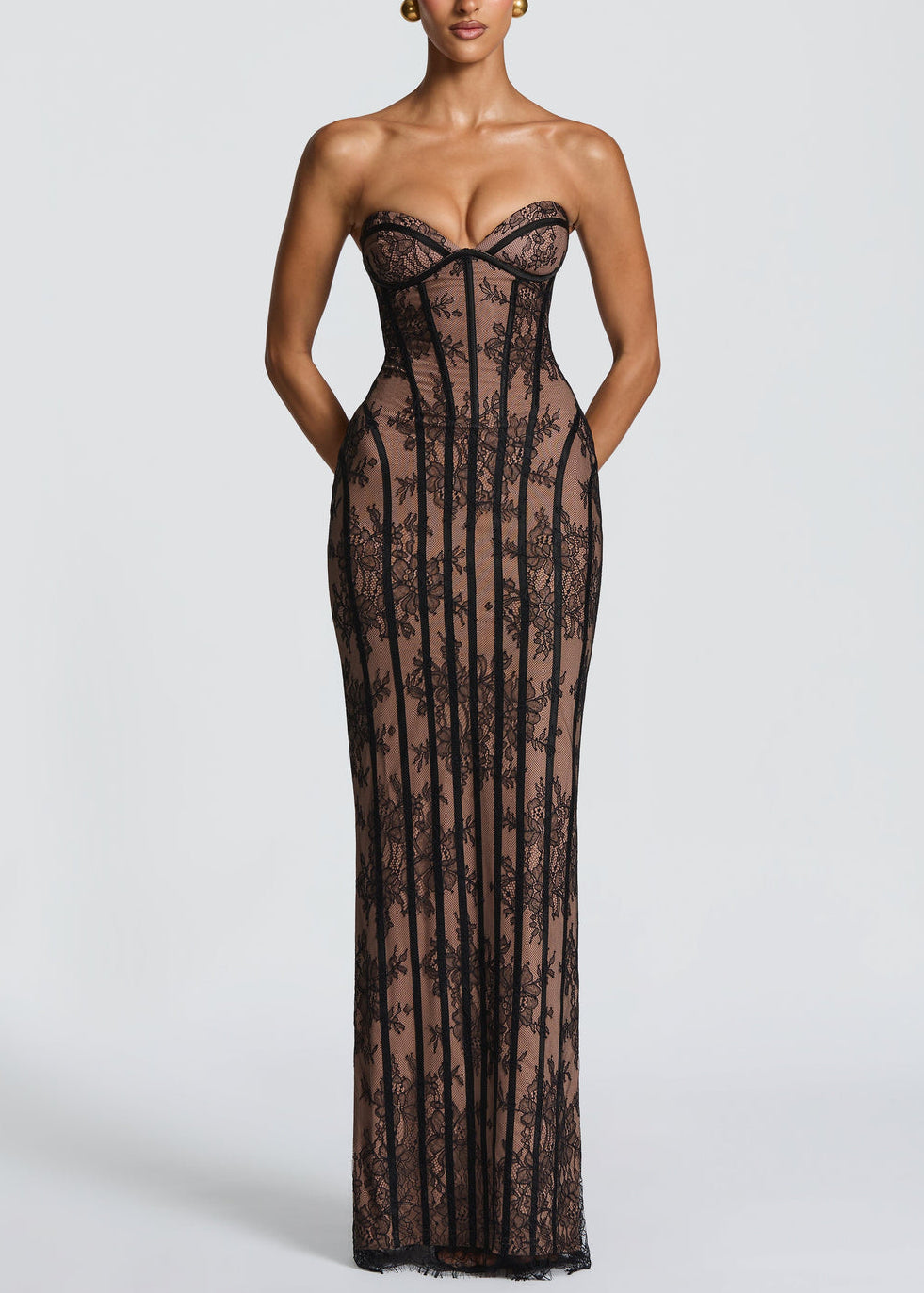Neutral Lace Floral Corset Maxi Dresses