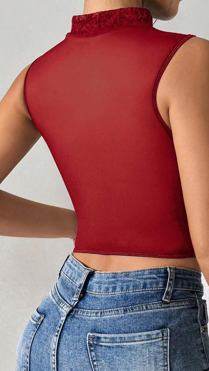 Fringe High-Neck Lace Corset Top