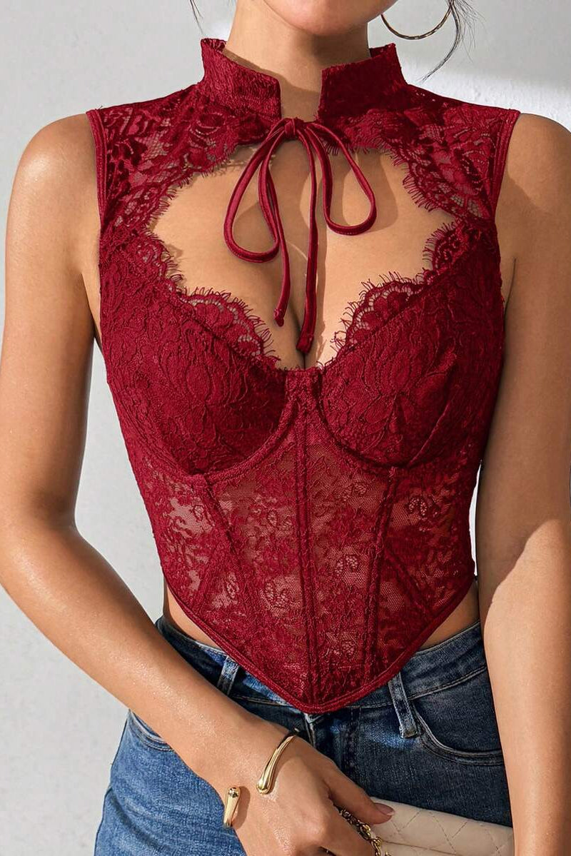 Fringe High-Neck Lace Corset Top