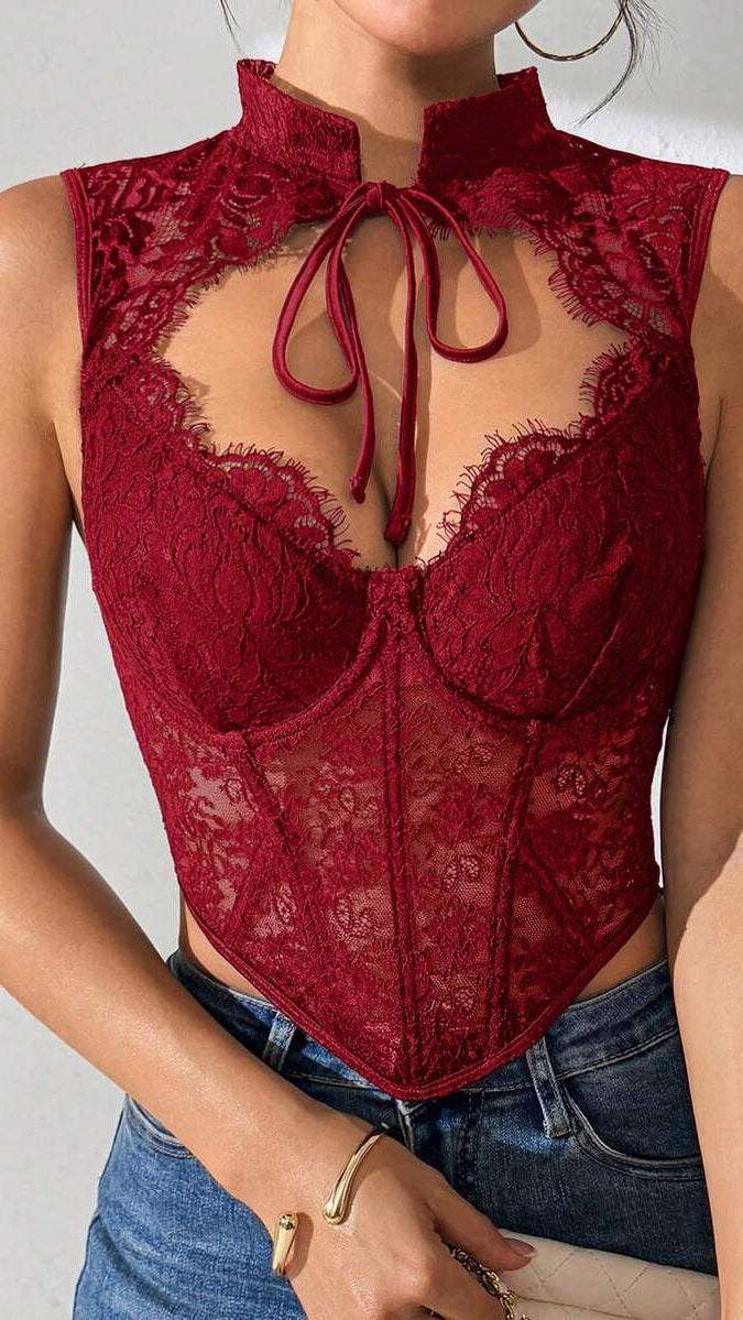 Fringe High-Neck Lace Corset Top