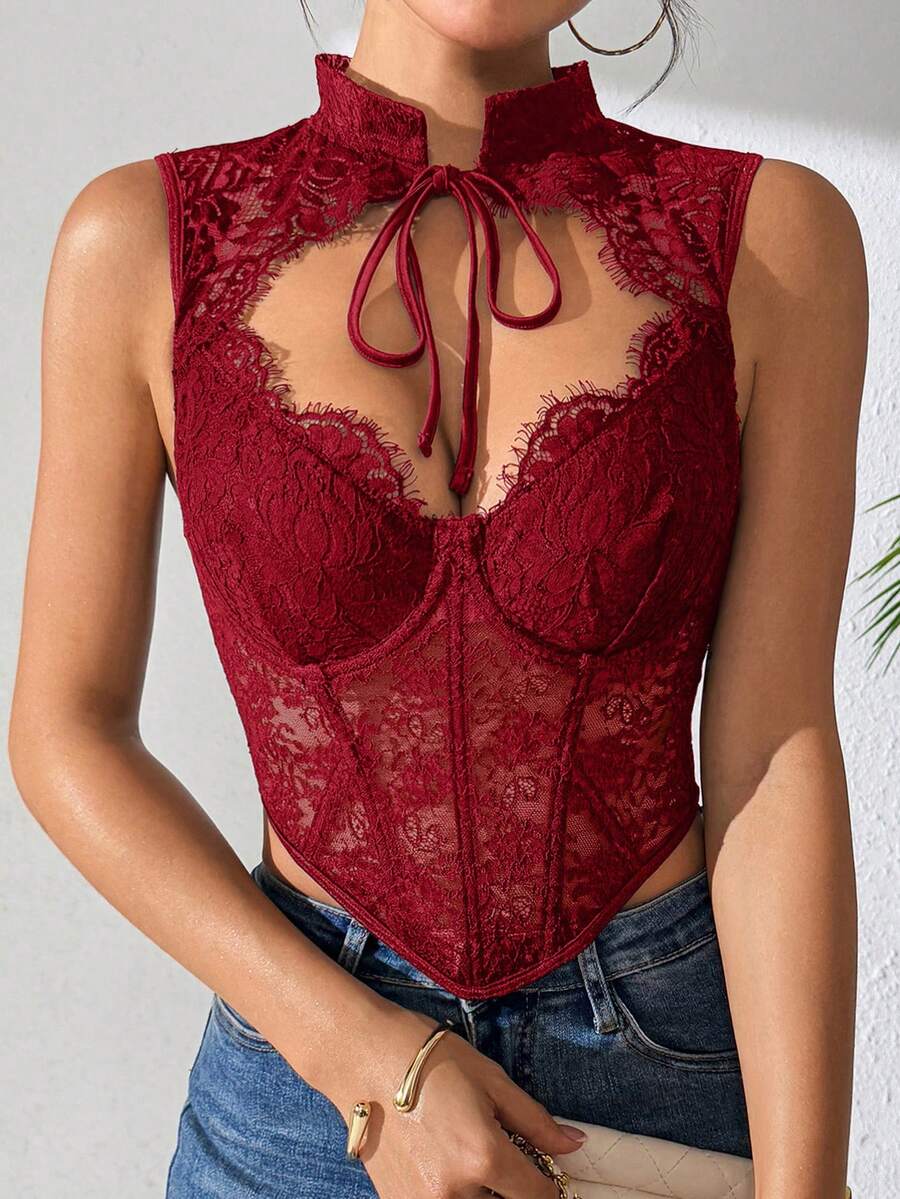 Fringe Solid Lace Jacquard Corset Tops