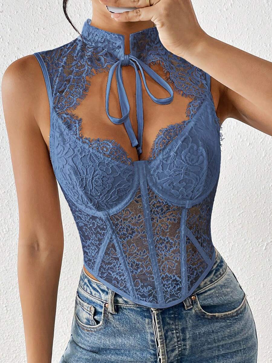 Fringe Solid Lace Jacquard Corset Tops