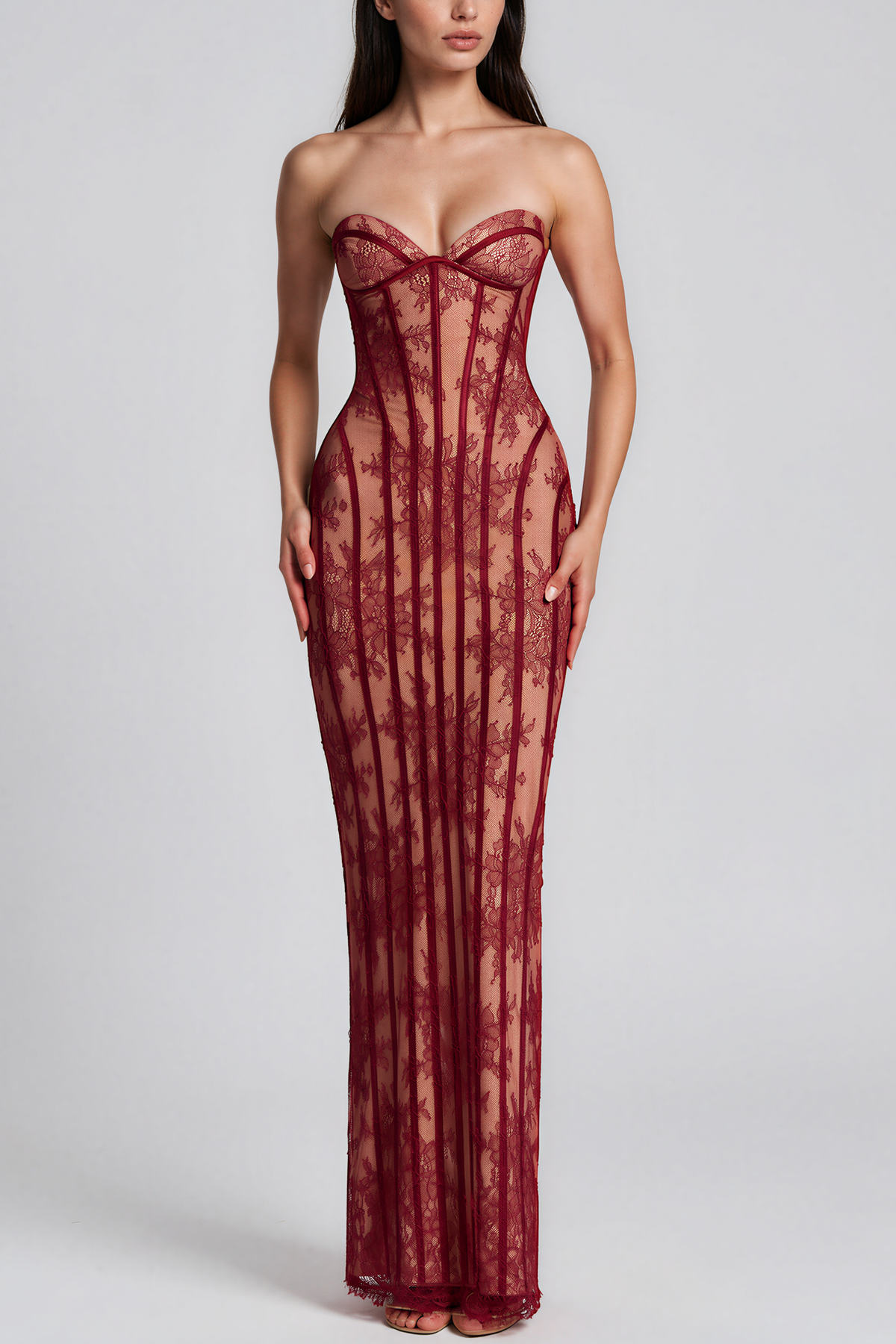 Neutral Strapless Floral Lace Corset Maxi Dress