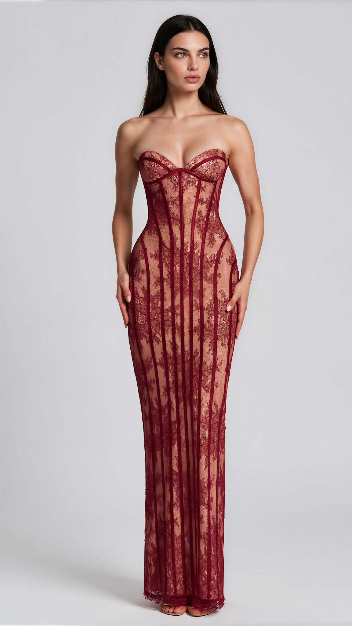 Nerina Strapless Floral Lace Corset Maxi Dress