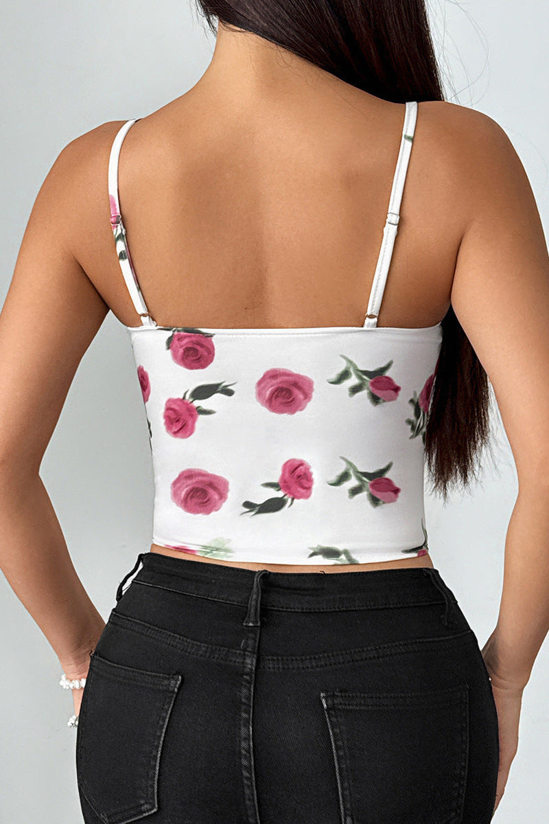 Jovia Floral Ruched Lace-Up Corset Top
