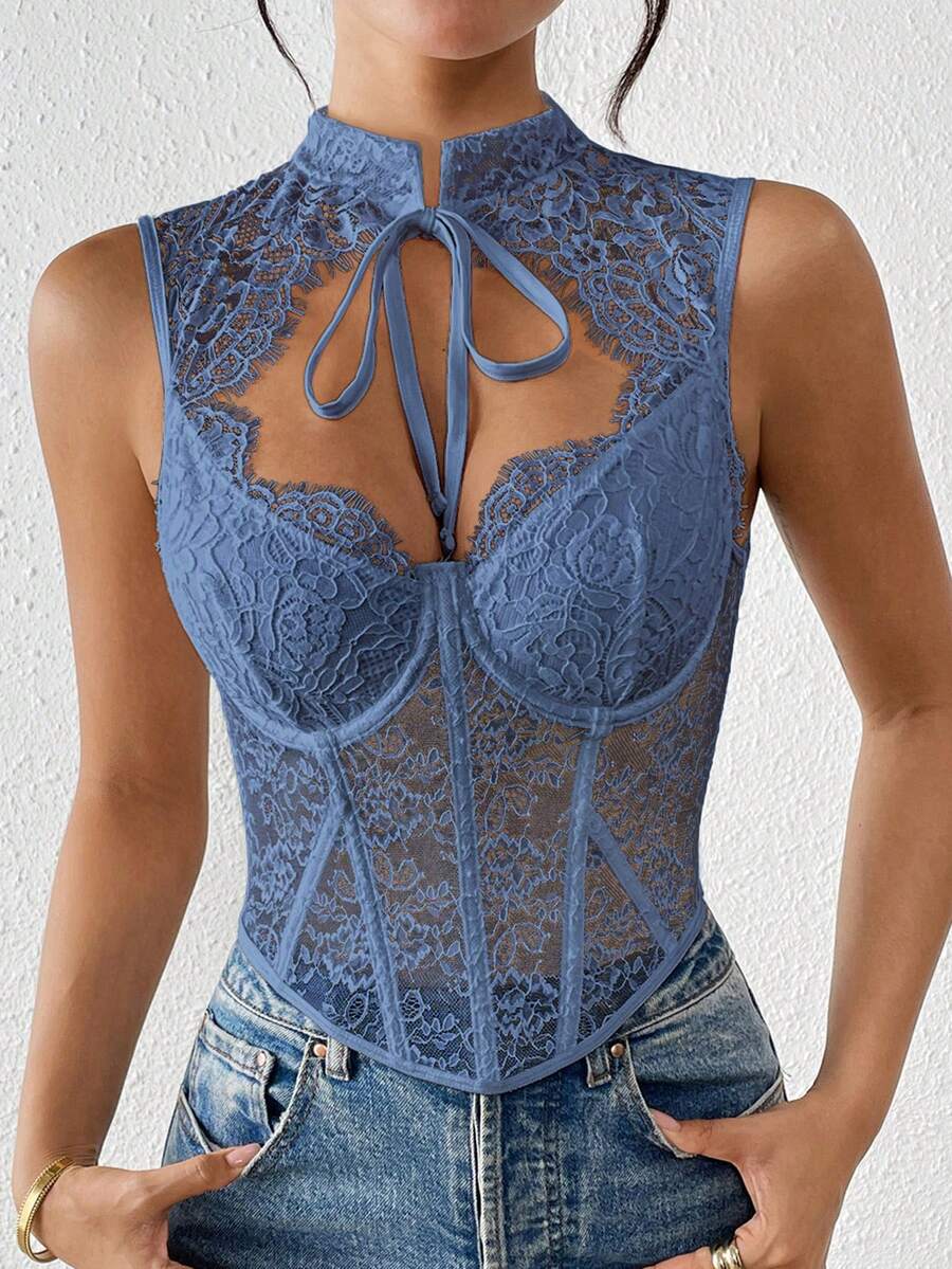 Fringe Solid Lace Jacquard Corset Tops