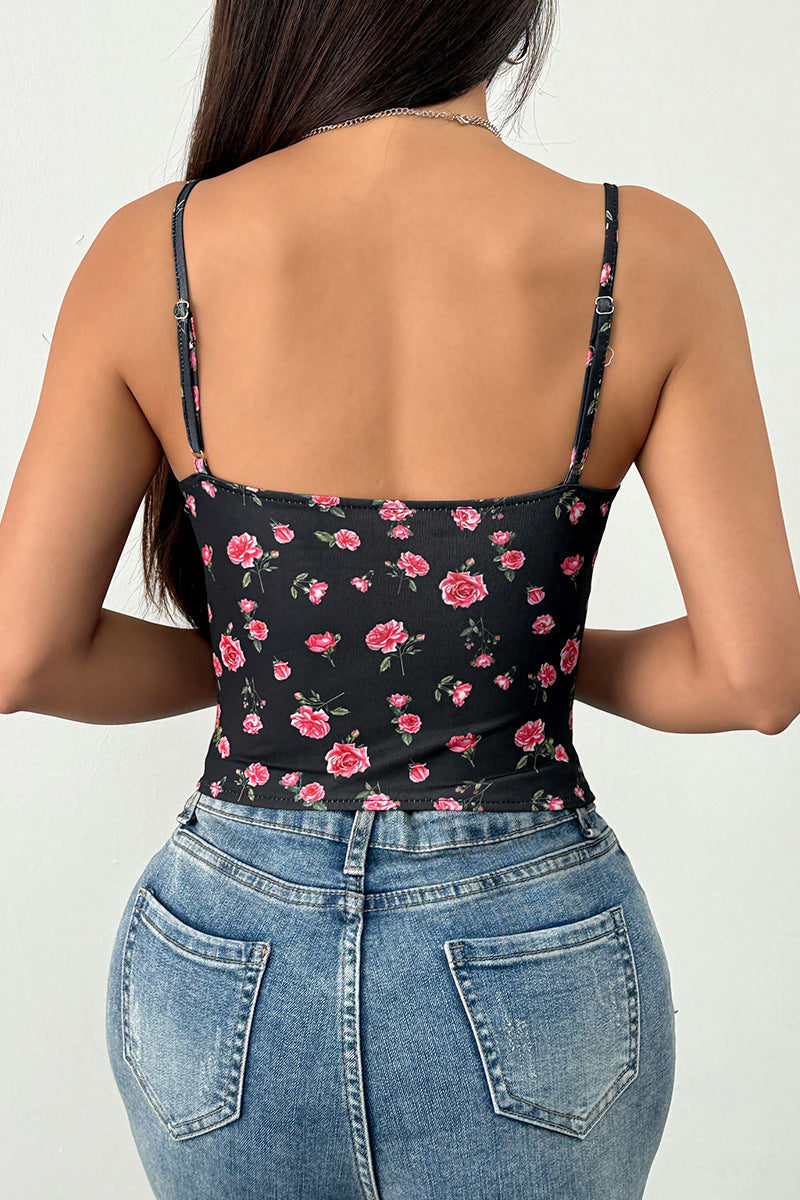 Jovia Floral Ruched Lace-Up Corset Top